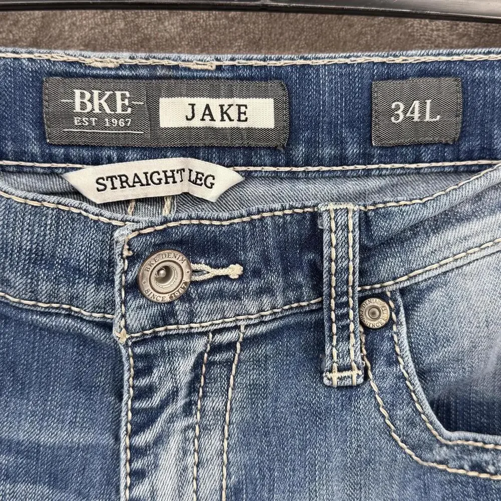 BKE Jake Jeans Mens 34x34/32 Blue Medium Wash Straight Denim Embroidered Pockets - Picture 4 of 9